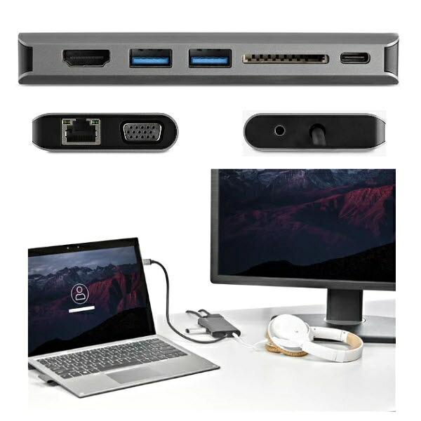 USB Type-C マルチ変換アダプタ HDMIまたはVGA出力対応 100W PD/30cmホストケーブル/SDカードリーダ USB-C接続マルチハブ