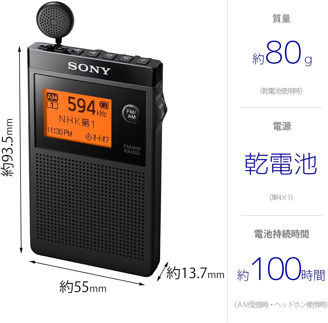 ソニー PLLシンセサイザーラジオ受信機 FM/AM/広広としたFM相応う 片耳巻取り 名刺大きさ SRF-R356 黒いこと