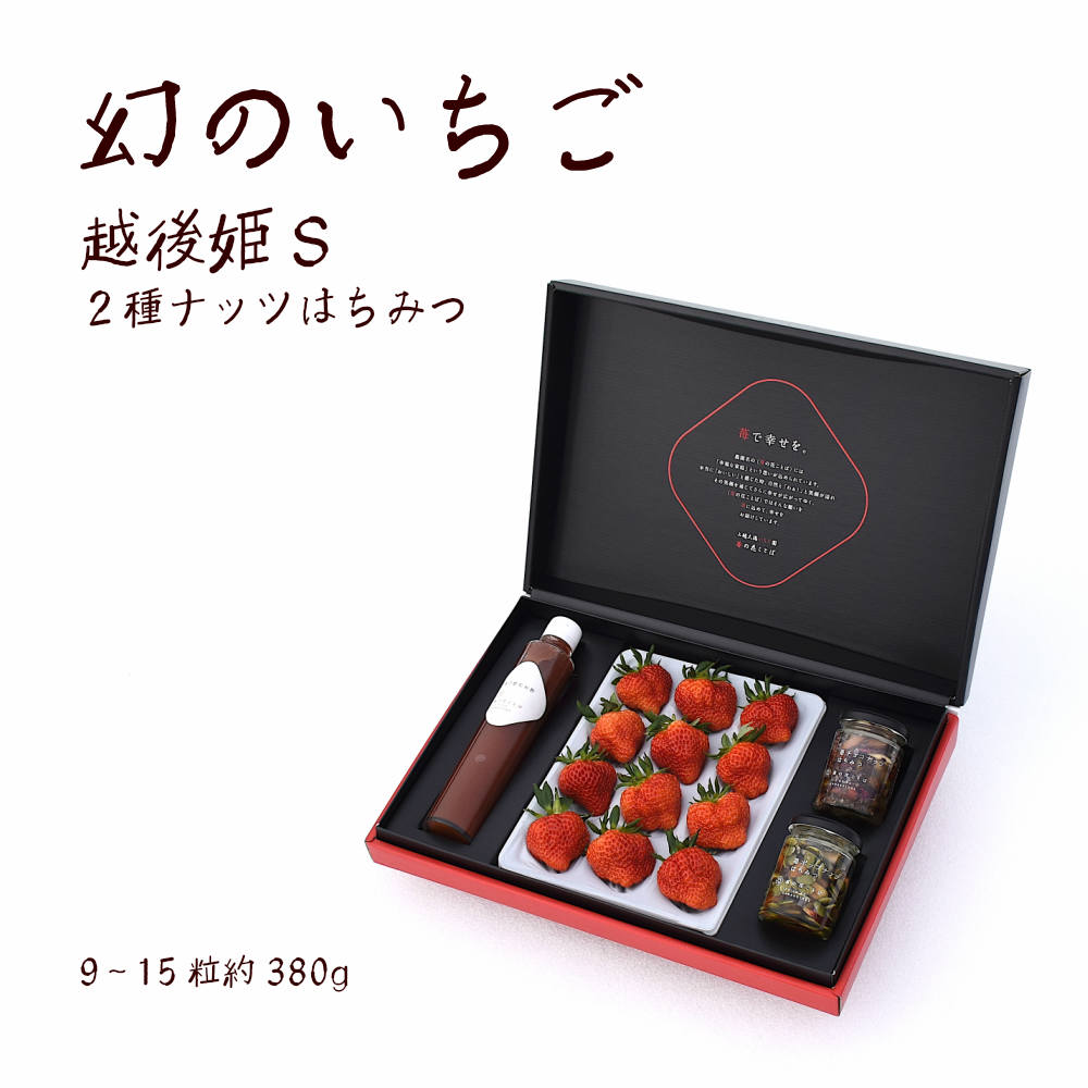 メッセージカード対応　ポップナッツハチミツ　チョコケーキナッツ　苺の飲む酢　雪国完熟いちご越後姫9～18粒　約350g入り  安心安全定植後化学農薬不使用/果物/農園直送/大粒/越後姫/母の日＊ギフト箱W姫S350１酢チョコポップ蜂蜜