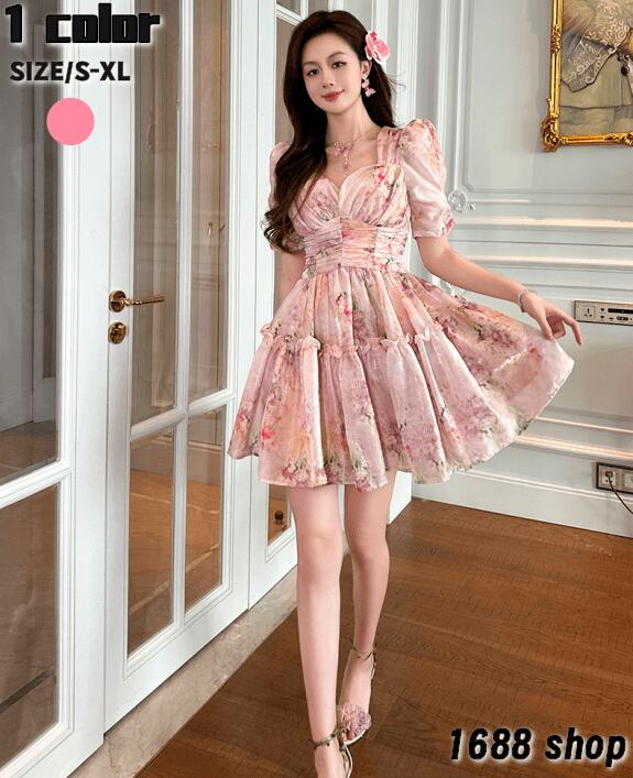 2025　フレアワンピース ロングワンピース　半袖　姫系ワンピース　シフォン　ワンピース インポート ひざ丈 ミドル丈 エレガント　アシンメトリー 花柄 パーティドレス お嬢様 セクシー ミニワンピース OL 上品 韓国ファッション Ｄ06401 二次会 結婚式　新作
