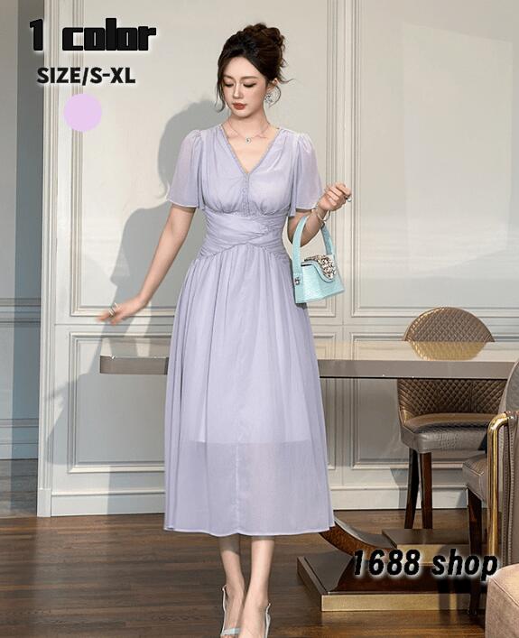 2025　フレアワンピース ロングワンピース　袖あり　姫系ワンピース　シフォン　ワンピース インポート ひざ丈 ミドル丈 エレガント　アシンメトリー 花柄 パーティドレス お嬢様 セクシー ミニワンピース OL 上品 韓国ファッション Ｄ06657 二次会 結婚式　新作｜1688shop