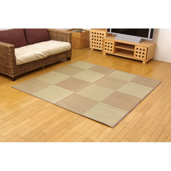 【ポイント20倍】い草 花ござ/ラグマット 【市松柄 ブラウン 江戸間8畳 約348×352cm】 裏：不織布 防傷加工 抗菌＆防臭効果 裏張CP 〔リビング〕【代引不可】