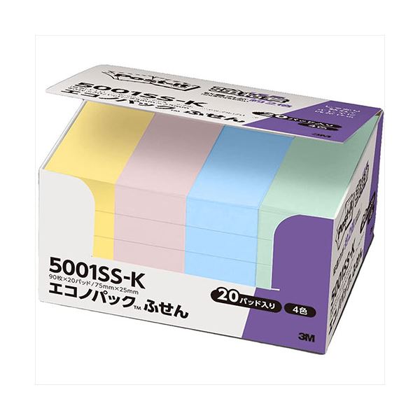 【ポイント20倍】3M Post-it ポストイット エコノパック強粘着付箋 パステルカラー4色 3M-5001SS-K