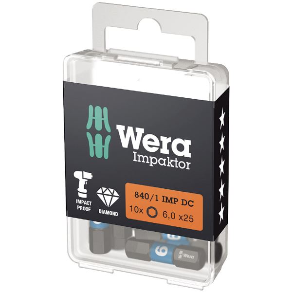 【尖んがり20倍】WERA ヴェラ 10個入 差込6.35粍 Hex-Plus ヘックスプラス ダイヤモンドコーティングドライバービット 刃先大いさ6 全長25粍 057606