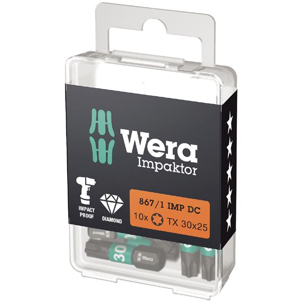 【尖んがり20倍】WERA ヴェラ 10本入 差込6.35粍 差しひびき１番ウッド用 トルクスドライバービット 刃先大いさT30 全長25粍 057626