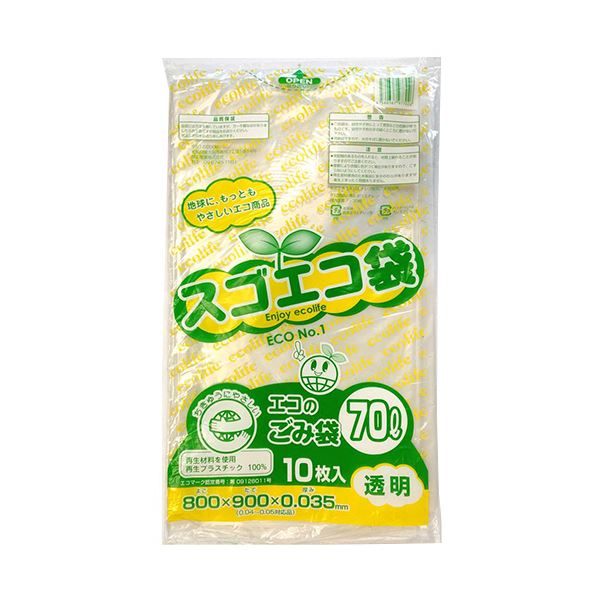 【ポイント20倍】野添産業 スゴエコ袋(再生) 透明70L 厚さ0.035mm 1セット(400枚:10枚×40パック)
