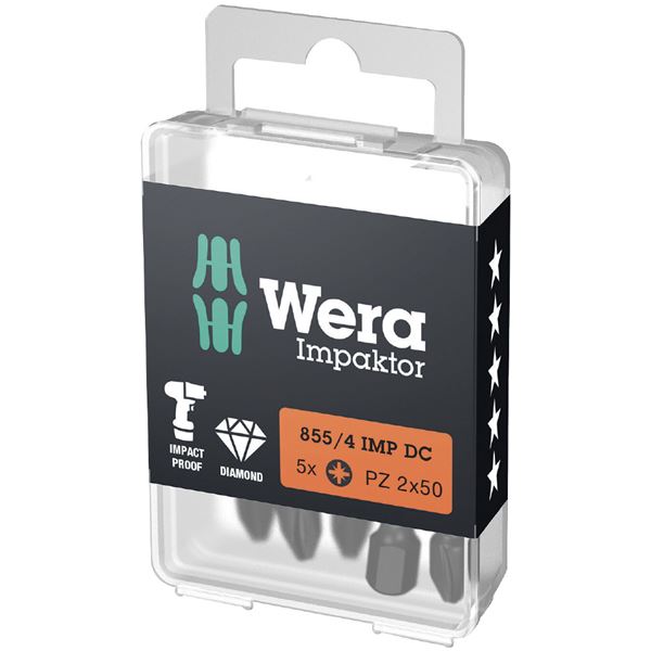 【クーポン配布中】WERA ヴェラ 5本入 差込6.35mm ダイヤモンドコーティング インパクト用 ポジドライバービット 刃先サイズPZ2 全長50mm 057661