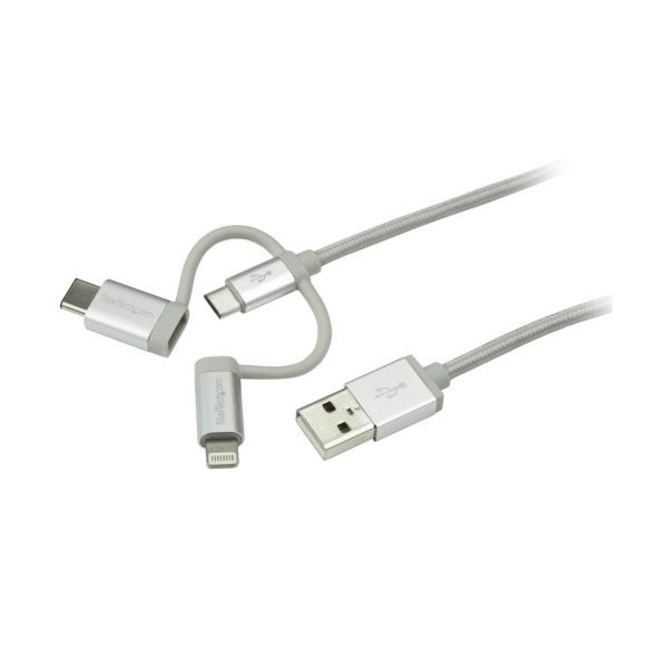 【尖んがり20倍】StarTech.com iPhone／スマホ相応う マルチ申し受ける有線テレビ 1m USB A-Lightning／USB C／MicroB しろがね色 LTCUB1MGR 1本