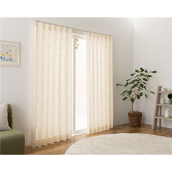 【クーポン配布中】カーテン 幅200cm×丈85cm ドット 1枚 洗える 日本製 形状記憶加工 アジャスターフック タッセル付き アリア MIX リビング