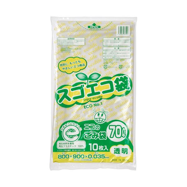 【ポイント20倍】(まとめ) 野添産業スゴエコ袋(再生) 透明 70L 厚さ0.035mm 1パック(10枚) 【×5セット】