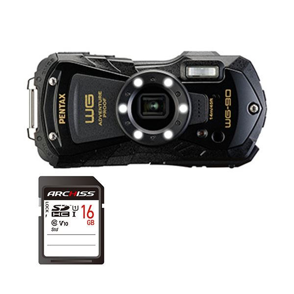 【マラソンでP最大49倍】PENTAX デジタルカメラ WG-90 ブラック ＋ 16GB SDHCメモリカード 1セット デジカメ カメラ 写真 PC パソコン 周辺機器 家電