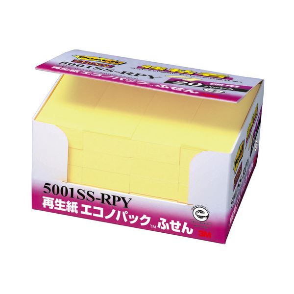 【マラソンでP最大49倍】（まとめ） 3M ポストイット エコノパック 強粘着ふせん 75×25mm イエロー 5001SS-RPY 1パック（20冊） 【×2セット】