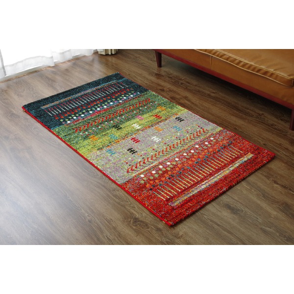 【マラソンでポイント最大47.5倍】ラグマット/絨毯 【グリーン 約80×140cm ギャッベ柄】 抗菌 防臭 トルコ製 ウィルトン織 耐久性 通年使用可 〔リビング〕【代引不可】|インテリアの壱番館