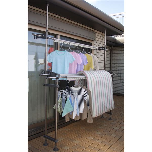 【マラソンでP最大49倍】ステンレス製ベランダ物干しスタンド/洗濯物干し 【Wポール支柱】 高さ205～300cm