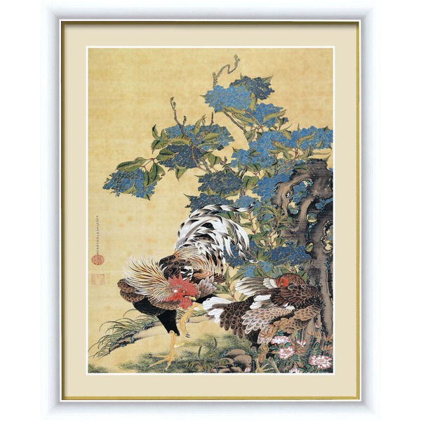 【ポイント20倍】【若冲 鳳凰 旭日】【動植綵絵額】群鶏・白鳳・鶏■伊藤若冲 額装品（白）F6号 紫陽花双鶏図
