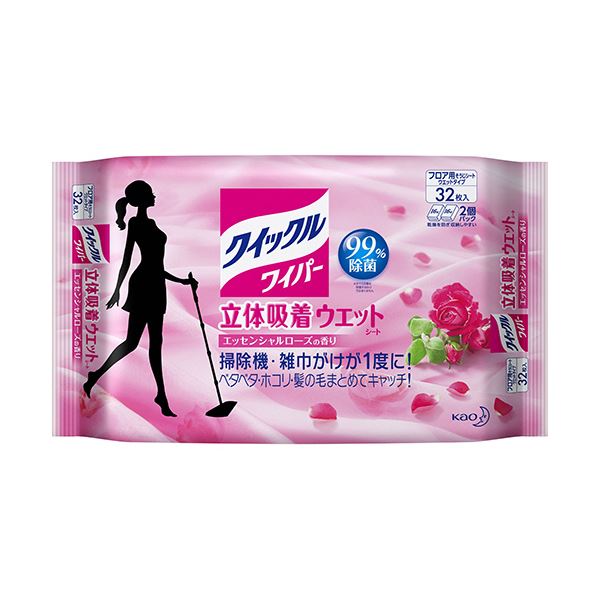 【ポイント20倍】花王 クイックルワイパー立体吸着ウエットシート エッセンシャルローズの香り 1セット（96枚：32枚×3パック）