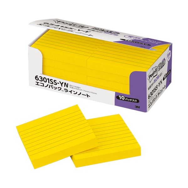 【ポイント20倍】(まとめ) 3M ポスト・イット エコノパック 強粘着ノート ラインノート 75×75mm ビビットイエロー 6301SS-YN 1パック(10冊) 【×3セット】
