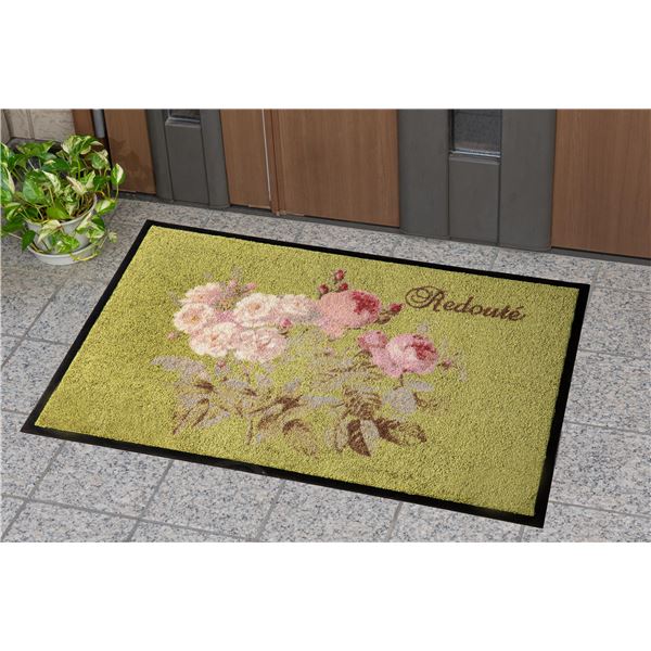 【ポイント20倍】玄関マット ドアマット 59&times;90cm グリーン バラ柄 防滑加工付き ナイロン 洗える ルドゥーテ ガリカ 店舗 お店 ショップ 入口｜インテリアの壱番館