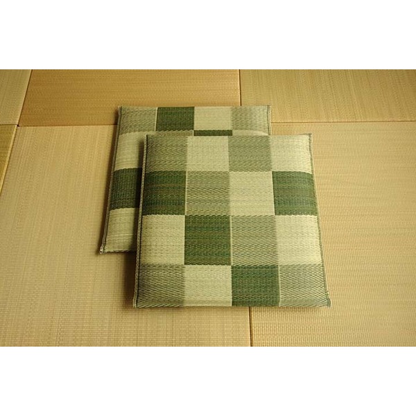 【ポイント20倍】日本製 い草 座布団 クッション ブロック柄 グリーン 2枚組 約55&times;55cm【代引不可】｜インテリアの壱番館