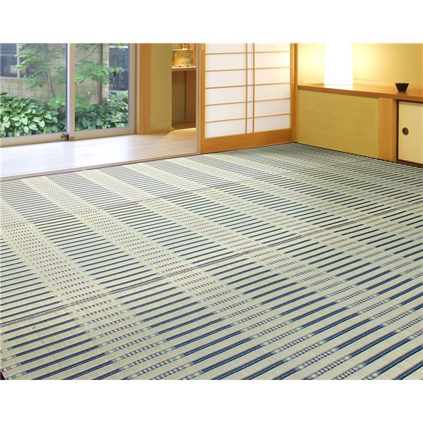 【ポイント20倍】い草 ラグマット 絨毯 江戸間 6帖 ブルー 縁：綿100％ 高耐久性 掛川織 柄上敷き 津弥 つや リビング ダイニング【代引不可】