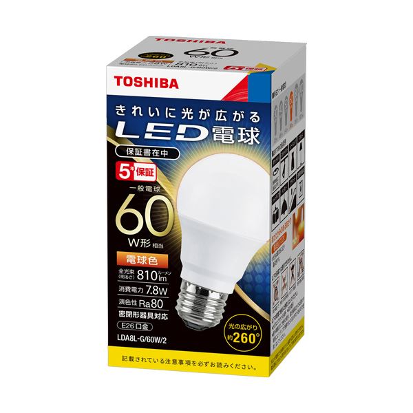 【マラソンでP最大49倍】（まとめ）東芝ライテック LED電球 一般電球形 E26口金 7.8W 電球色 LDA8L-G/60W/2 1個 【×3セット】