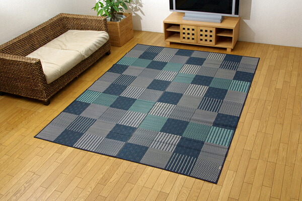 【マラソンでポイント最大47.5倍】純国産 袋織 い草ラグカーペット 『ＤＸ京刺子』 ブルー 約191&times;300cm（裏:不織布）【ブルー】 【代引不可】｜インテリアの壱番館