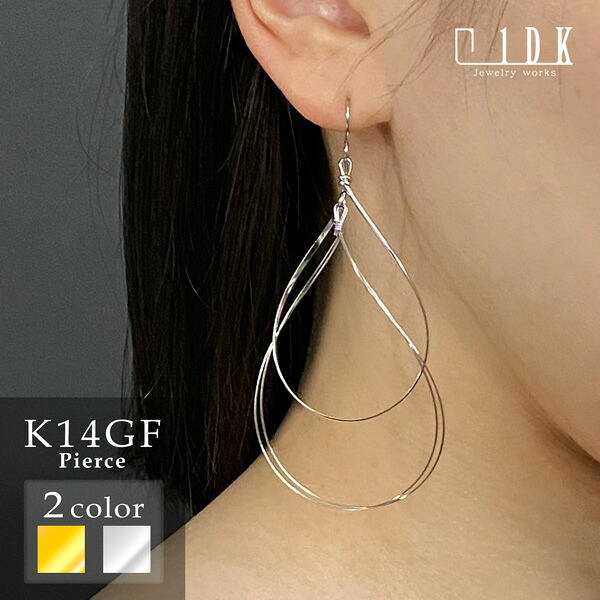 ピアス フックピアス ゴールド ホワイト ニッケルフリー K14GF 大ぶり 揺れる シンプル しずく型 ドロップ 結婚式 1DK Jewelryworks ゴールドフィルド GFP-1246 1246WH シリコンキャッチ付き|1DK Jewelry works