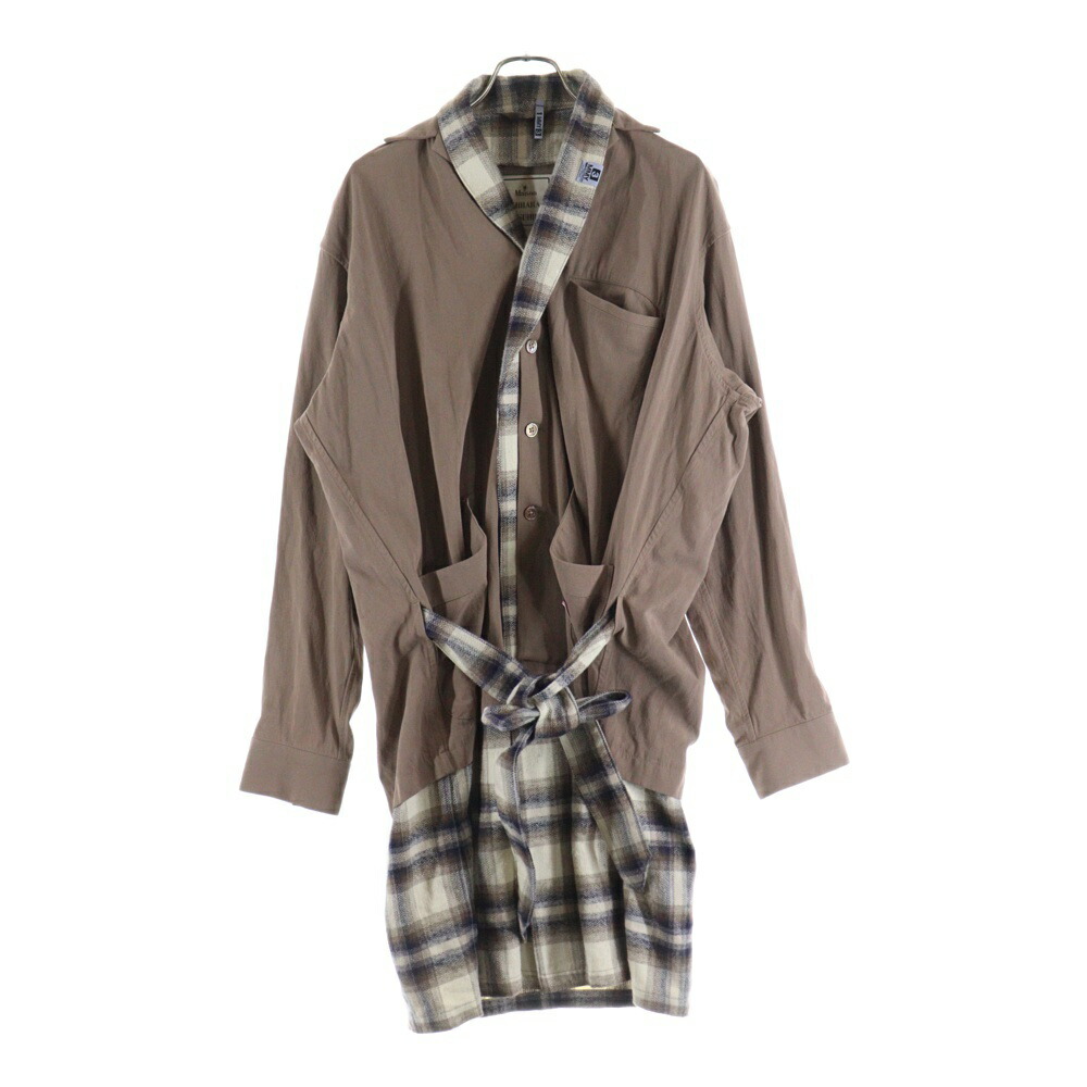 MAISON MIHARAYASUHIRO(メゾンミハラヤスヒロ) 25SS シャツドッキング チェック柄 フランネル ショールカラー ガウン ロング コート ベージュ A10SH077【中古】【程度A】