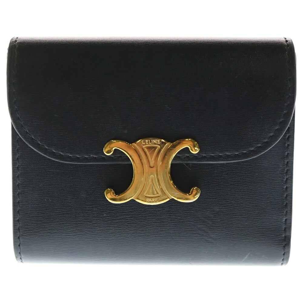 CELINE(セリーヌ) トリオンフ スモールフラップウォレット 三つ折り札入れ コンパクトウォレット コインケース 黒いこと なめし革 ゴールド金具【中古】【度合いB】 バッグ・小物・ブランド雑貨-財布・ケース