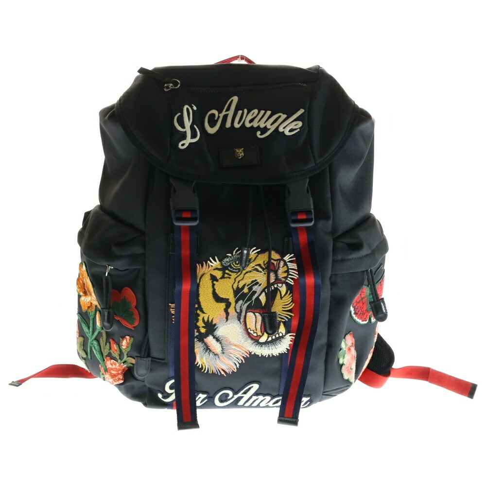 GUCCI(グッチ) シェリー酒伝達ルート 刺しゅう 虎 うしろ側容器に並べる 背嚢 黒いこと ナイロン 429037 しろがね色金具【中古】【座標軸A】