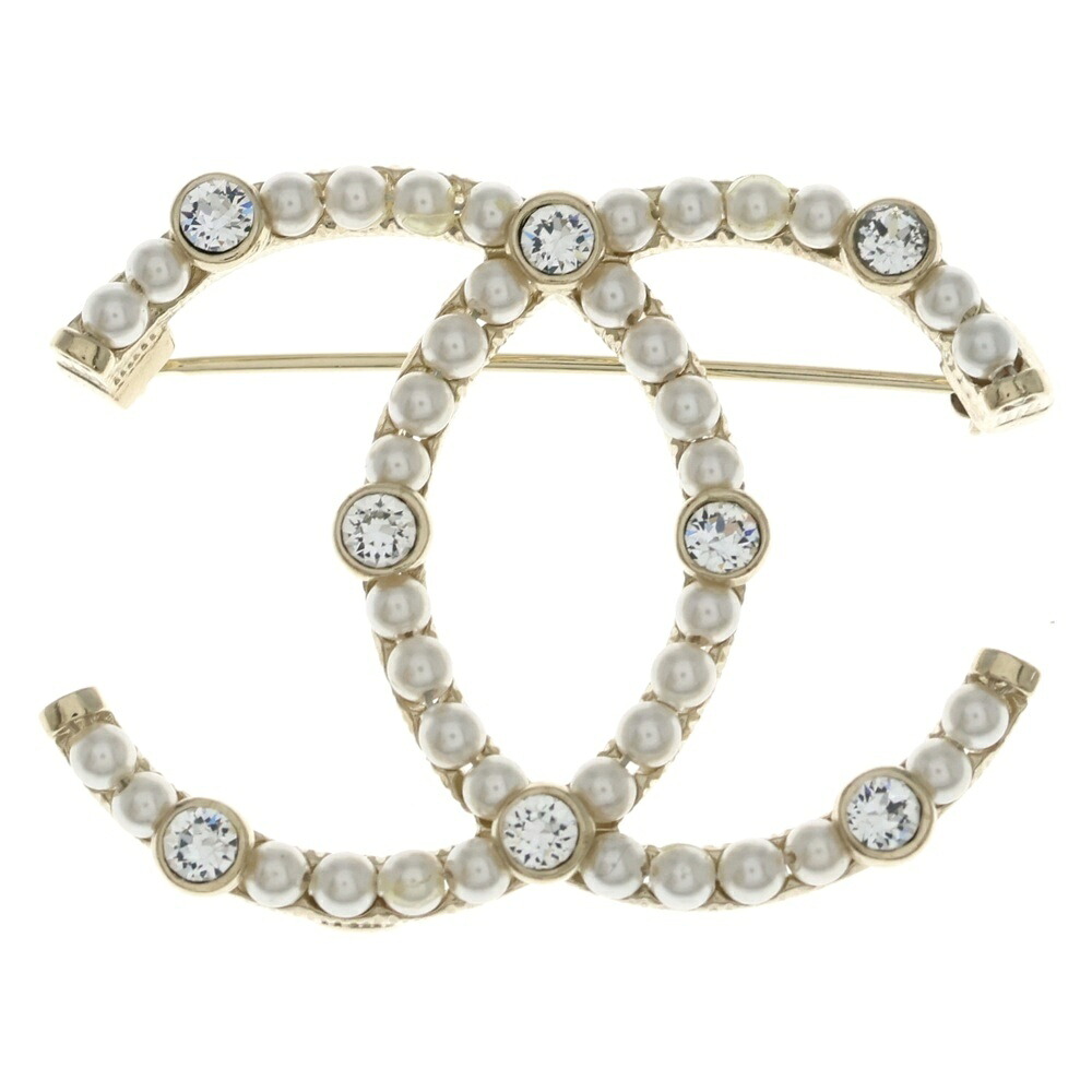 CHANEL(シャネル) ココマーク パールラインストーンブローチ ピン徽章 白いこと×ゴールド【中古】【座標軸B】