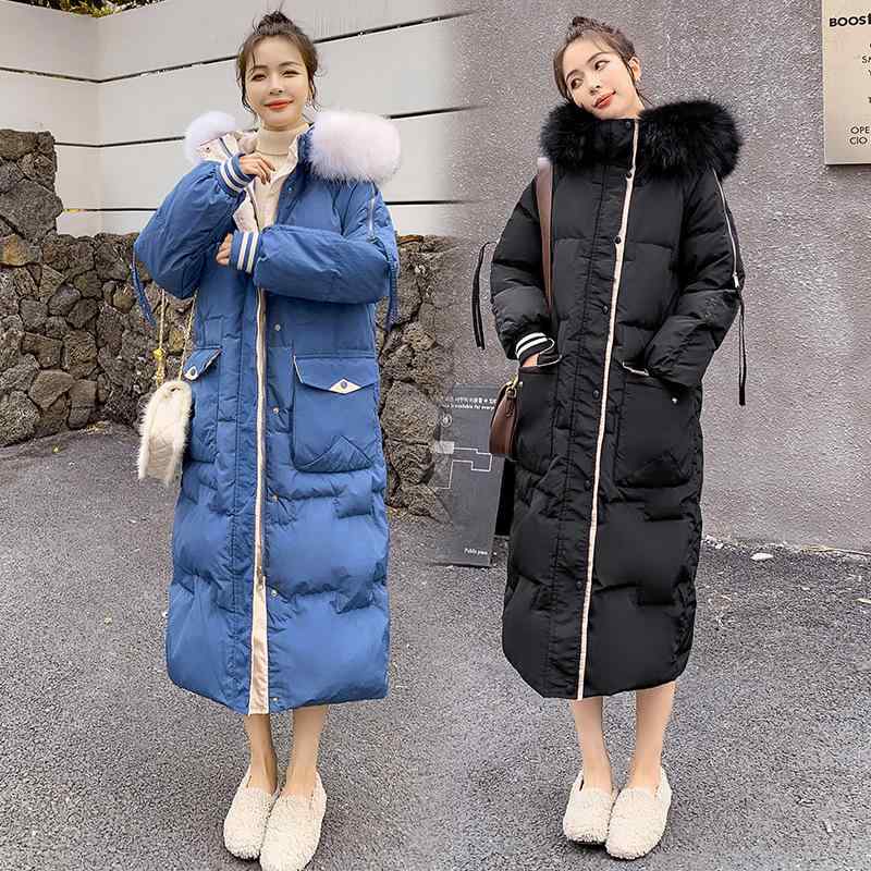 2024韓国風ロングオーバーニー コントラストカラー プラスサイズ女性用厚手ダウンジャケット(184)。ポリエステル製、直筒型、2023冬物、白鴨絨86-90%、中長65-80cm、修身型、長袖フード、超厚毛領。サイズM(100-115kg)-6XL(2