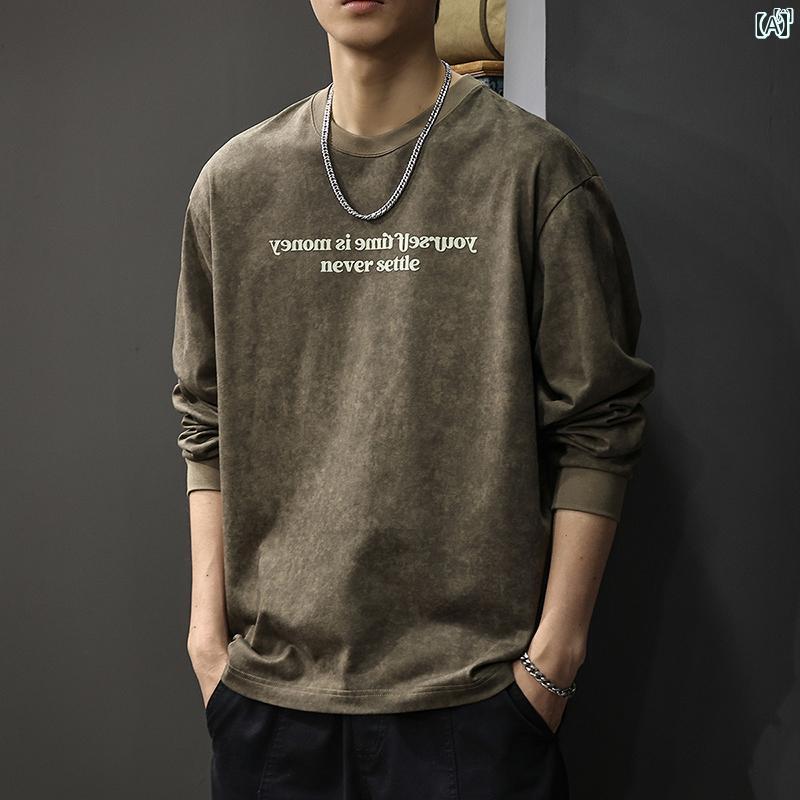 メンズ　男性 ファッション 韓国 オシャレ たり 大歳ストリート 秋冬 アメリカ フォーム プリント スウェットシャツ ヘビーウェイト コットン レトロ ウォッシュ 長袖 Tシャツ トップ