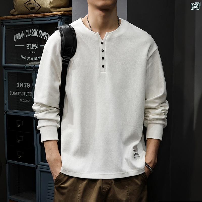 メンズ　男性 ファッション 韓国 オシャレ たり 大歳ストリート 秋 厚手 コットン ヘンリー カラー トレーナー 長袖 Tシャツ アメリカン ファッション ホワイト ボト シャツ
