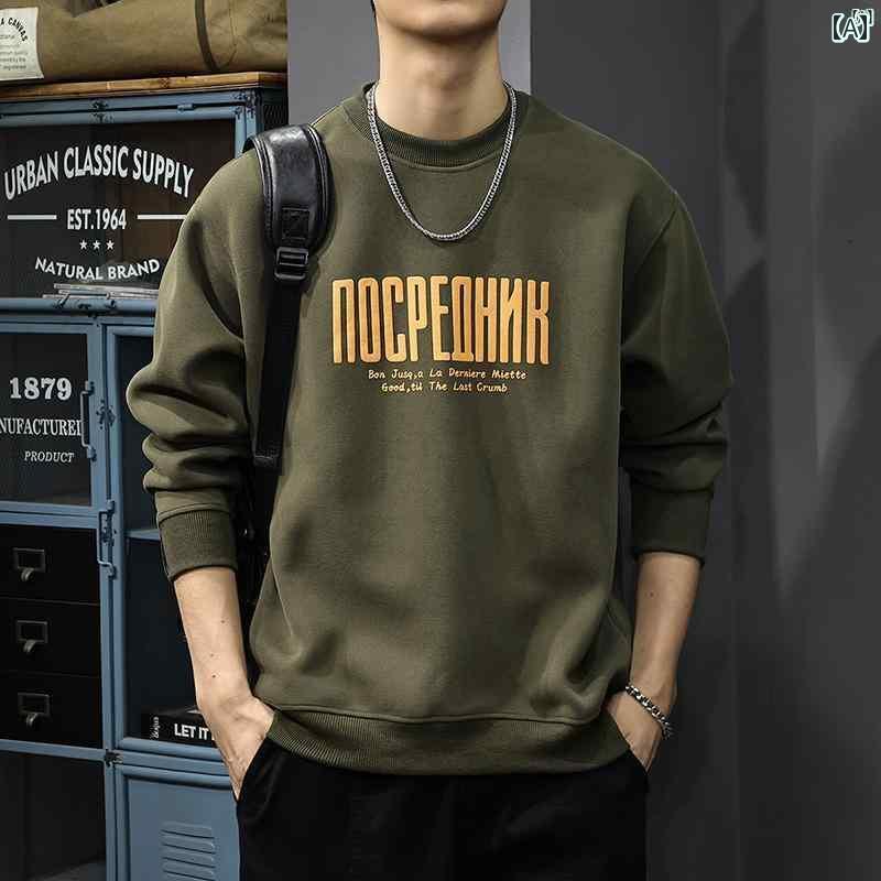 メンズ　男性 ファッション 韓国 オシャレ たり 大歳ストリート 秋 アメリカン レトロ フォーム プリントスウェット シャツ インナー ラウンドネック ボト ヘビー カジュアル ジャケット