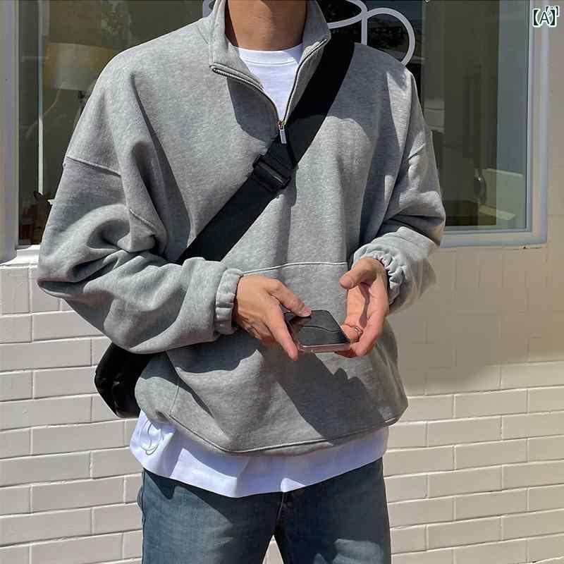 メンズ　ファッション　韓国ファッション　オシャレ　海外風 ハーフ ジッパー スタンドカラー スウェットシャツ メンズ 春秋 シティー ボーイ ファッション 長袖 プルオーバー トップ カジュアル ジャケット