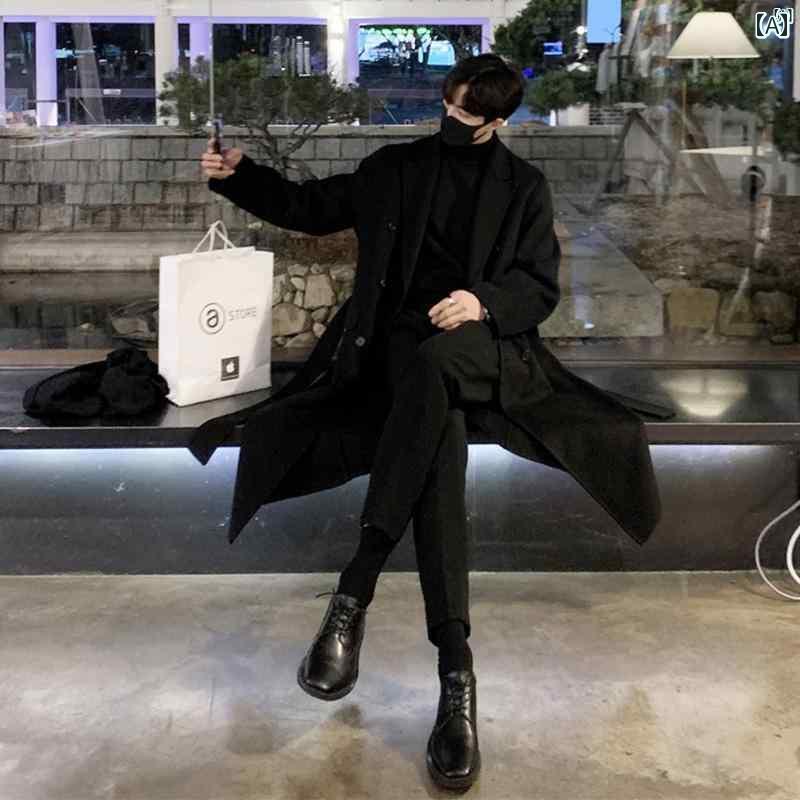 メンズ　ファッション　韓国ファッション　オシャレ　海外風 冬 厚手 韓国 ウール コート メンズ ミドル丈 膝上 ウインドブレーカー非 両面