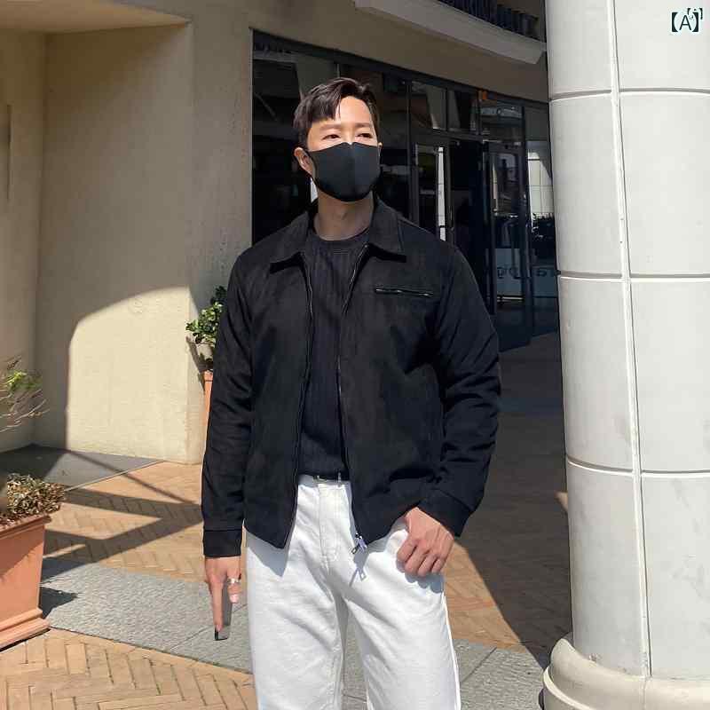 メンズ 流行り物 韓国流行り物 オシャレ 外国で風 秋冬 成人男性用 黒いこと スエードクロス 遊撃手 上衣 韓国 心地好い トップス 割り増し金 ファスナー