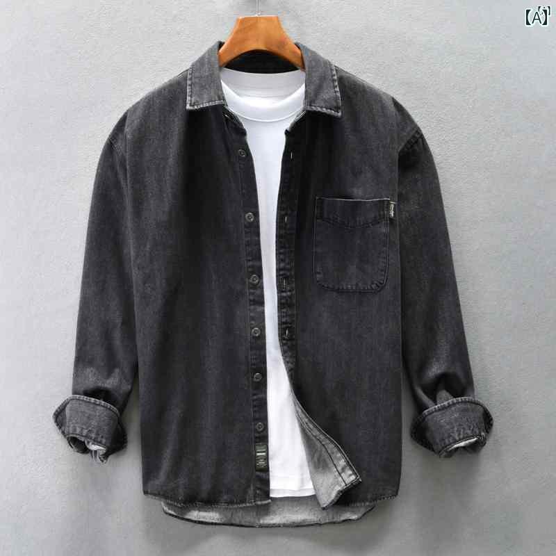 メンズ　ファッション　韓国ファッション　オシャレ　韓国 レトロ 厚手 デニム 長袖 シャツ メンズ 春秋 トップ スウォッシュ アンド エイジ ド カジュアル ジャケット