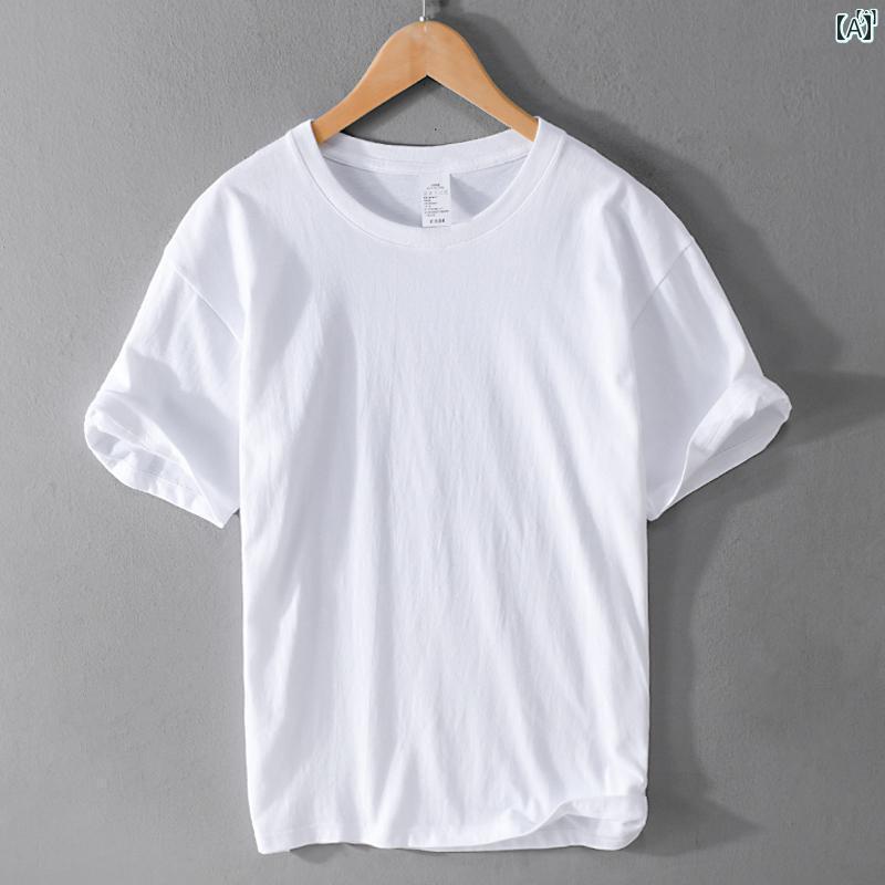 メンズ　ファッション　韓国ファッション　オシャレ　韓国 シンプル ヘビーウェイト Tシャツ メンズ 半袖 ラウンドネック カジュアル コットン ホワイト ボトム シャツ サマー トップ