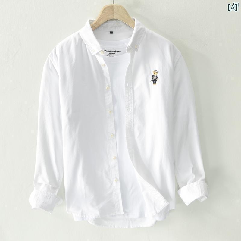 メンズ　ファッション　韓国ファッション　オシャレ　韓国 男子 学生 フレッシュ 刺繍 長袖 シャツ 文学的 カジュアル 春秋 コットン オックスフォード ホワイト