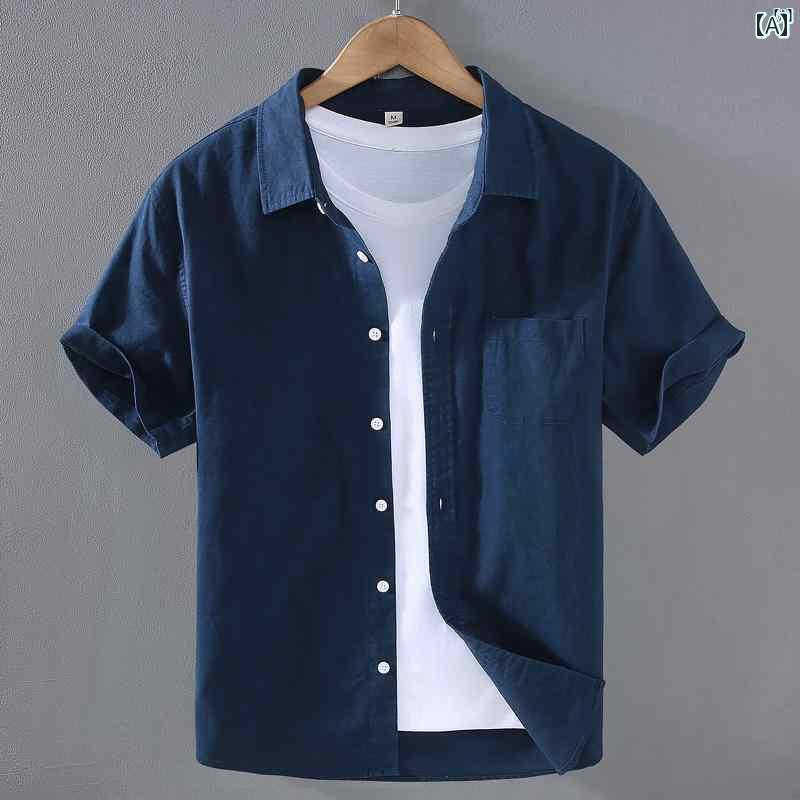 メンズ　ファッション　韓国ファッション　オシャレ　韓国 夏 レトロ コットン リネン 半袖 シャツ メンズ 夏服 文学 カジュアル 薄手 トップ 服
