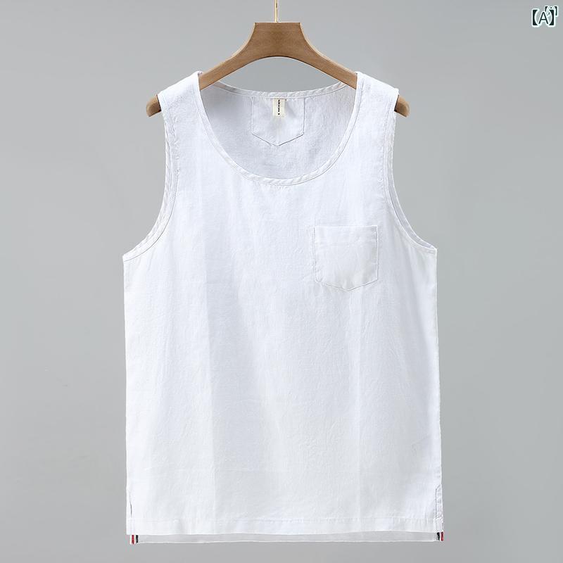 メンズ　ファッション　韓国ファッション　オシャレ　韓国 リネン ベスト メンズ ノースリーブ Tシャツ カジュアル スポーツ Vネック ワイド ショルダー 夏 薄手 コットンリネン ホワイト アンダー シャツ