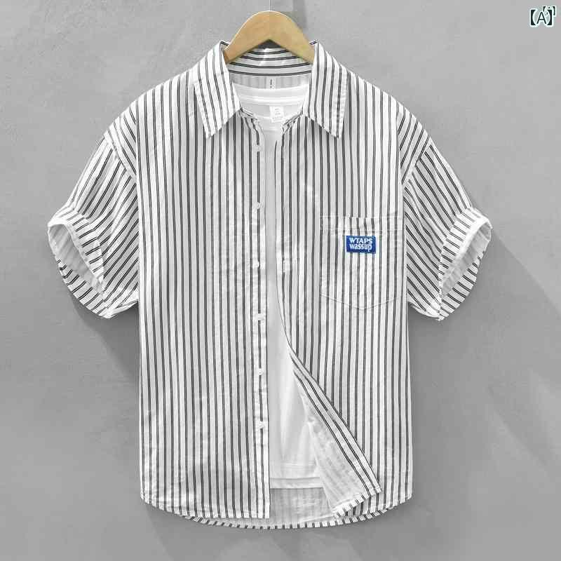 メンズ　ファッション　韓国ファッション　オシャレ　韓国 縦縞 半袖 シャツ メンズ 夏 フレッシュ 文学 カジュアル コットンシャツ