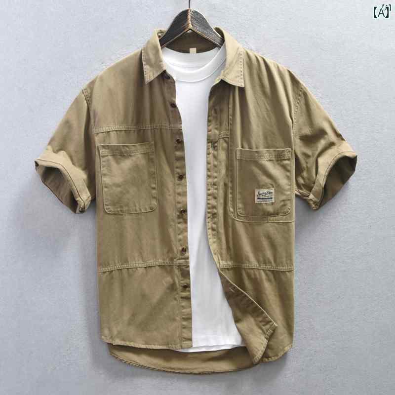 メンズ　ファッション　韓国ファッション　オシャレ　韓国 メンズ 半袖 シャツ 夏 レトロ アメリカン ワークシャツ メンズカジュアル コットン インチ
