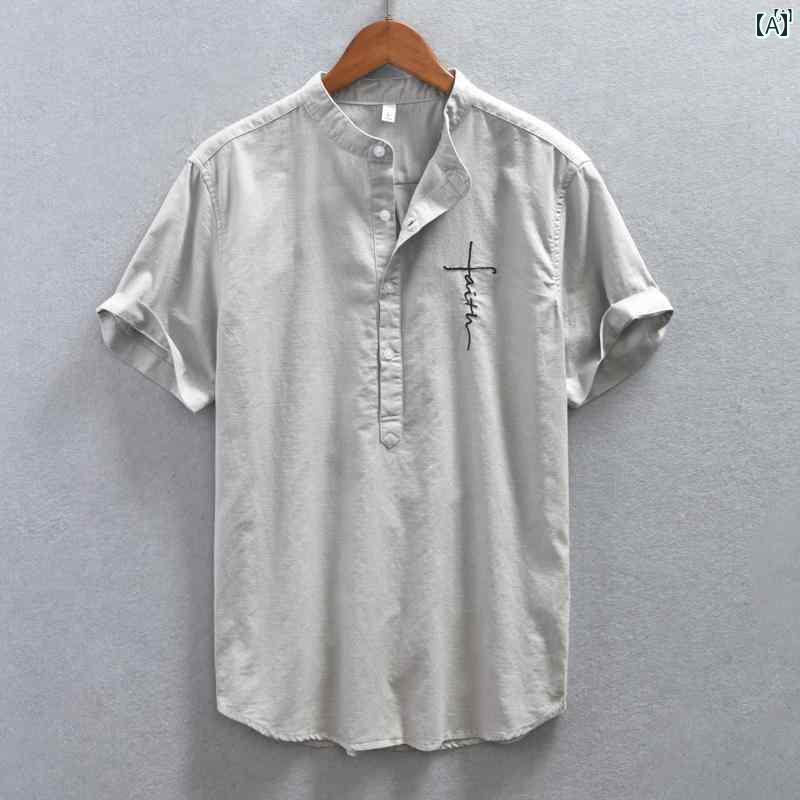 メンズ　ファッション　韓国ファッション　オシャレ　韓国 レトロ コットン リネン 半袖 Tシャツ メンズ 刺繍 ポロシャツ 小柄 スタンドカラー シャツ 夏服