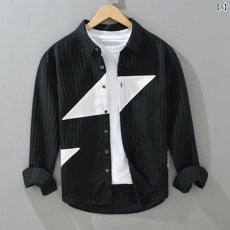 メンズ　ファッション　韓国ファッション　オシャレ　韓国 スプライシング 長袖 シャツ メンズ 春秋 インチ 服 学生 ファッション ジャケット