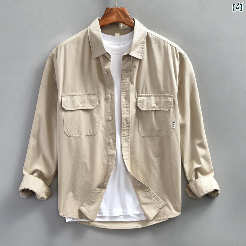 メンズ　ファッション　韓国ファッション　オシャレ　韓国 小柄め フレッシュ シャツ メンズ ワークウェア 長袖 カジュアル ワイド エディション 春秋 コットン インチ 服 ジャケット