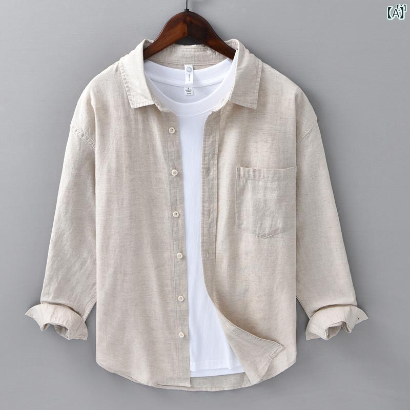 メンズ　ファッション　韓国ファッション　オシャレ　韓国 リネンシャツ メンズ 長袖 春夏 インチ 服 シンプル カジュアル 無地 通気性 コットン ジャケット