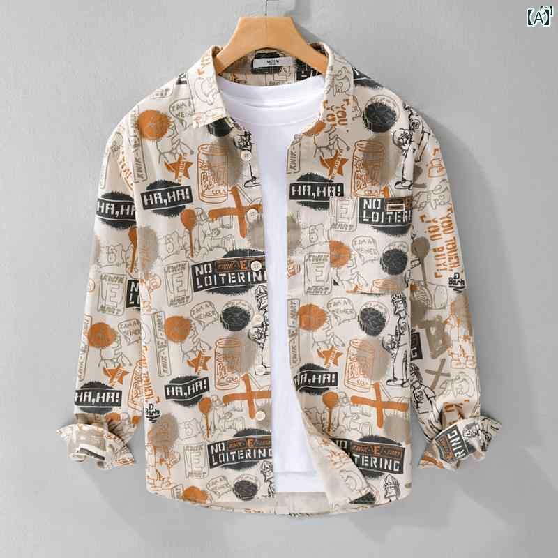 メンズ　ファッション　韓国ファッション　オシャレ　韓国 落書き プリント 長袖 シャツ メンズ 春秋 インチ 服 小柄 フレッシュ ファッション コットンシャツ